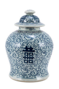 Blue & White Double Happiness Floral Temple Jar