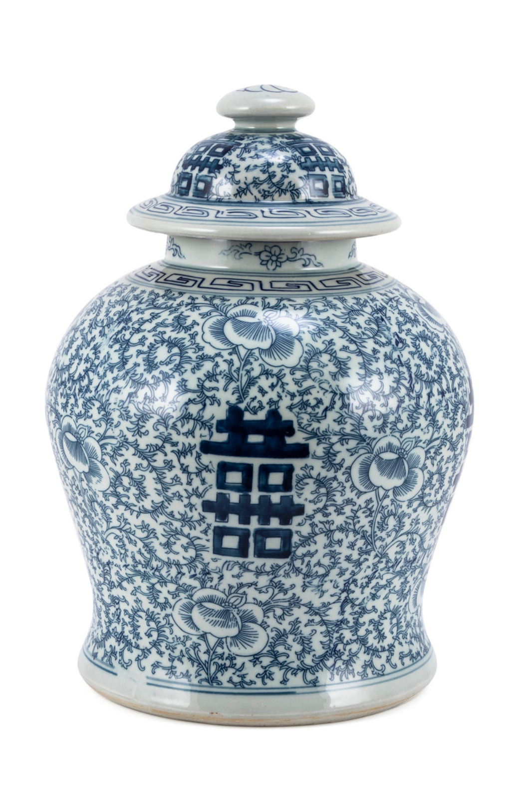 Blue & White Double Happiness Floral Temple Jar