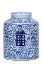 Load image into Gallery viewer, Blue &amp; White Blooming Double Happiness Tea Jar
