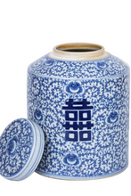 Load image into Gallery viewer, Blue &amp; White Blooming Double Happiness Tea Jar
