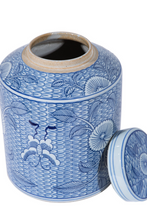Load image into Gallery viewer, Blue &amp; White Butterfly Leaf Tea Jar

